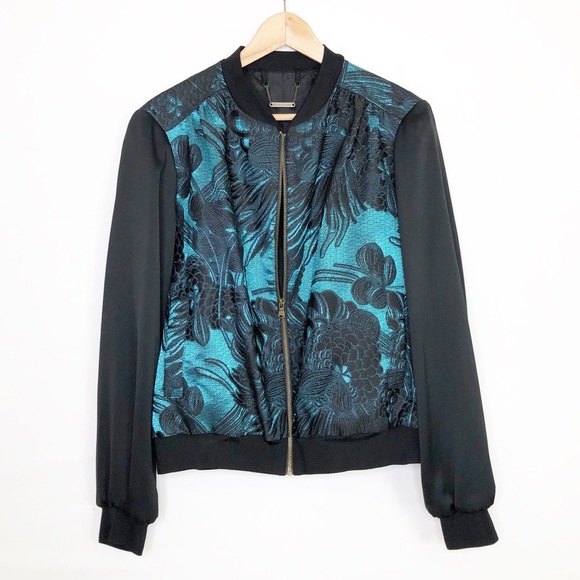 Trina Turk floral jacquard black and emerald green bomber jacket - Picture 12 of 12